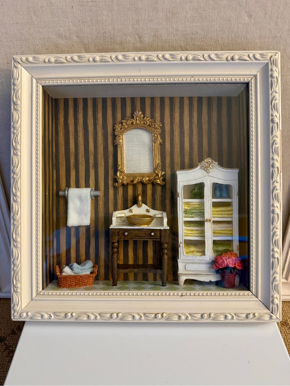 Vintage Victorian miniature bathroom 3D shadowbox diorama.